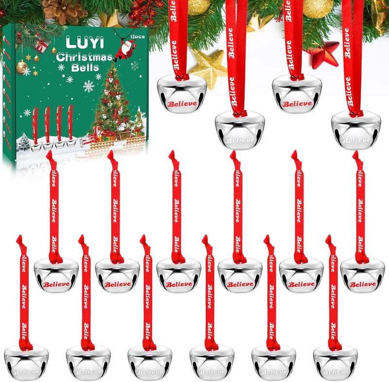 LUYI 12 Sets Christmas Bells Ornaments, Christmas Believe Bells Bulk Polar Express Decorations Xmas Party Gifts Favors Silver Sleigh Jingle Bells for Christmas Tree Home Decoration(1.6 Inch) - Image 1
